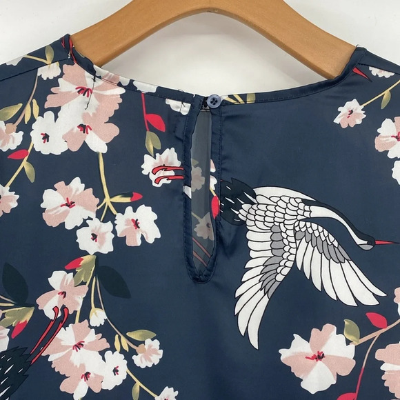 Almatrichi Blouse Womens Small Blue Pink Ruffle Flutter Layer‎ Crane Bird Floral - Picture 7 of 12